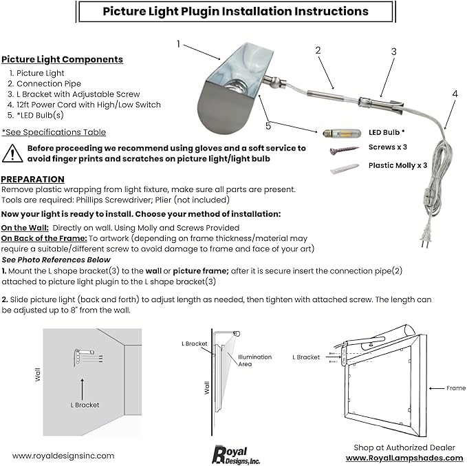 Royal Designs, Inc. Plug-in Picture Light, Gallery Lighting, 12 ft Cord