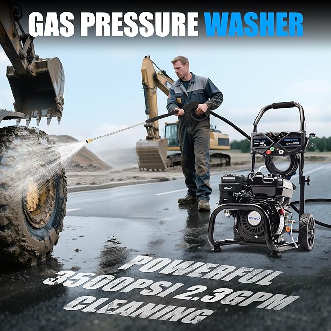 3500 PSI Gas Pressure Washer, 2.3 GPM – Heavy Duty High Power with 209CC 7HP Engine, 25Ft Pressure Hose, Axial Aluminum Pump, Soap Tank, 4 Quick Connect Nozzles (Black)