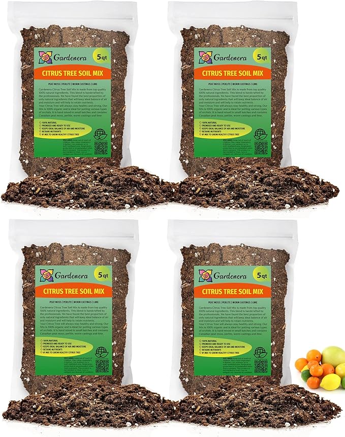GARDENERA Citrus Tree Potting Soil Mix - 20 Quart - Special Blend for Indoor Oranges, Lemons, Limes and More - (4 Bags of 5 Quart)