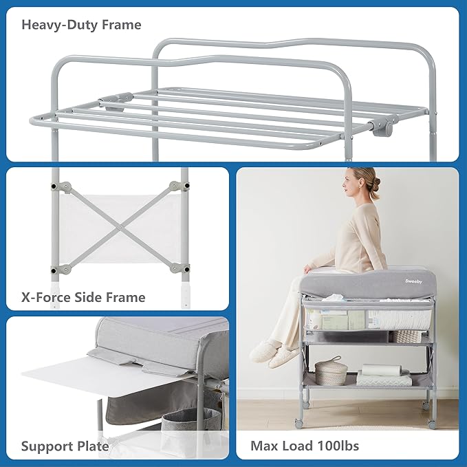 Sweeby Portable Baby Changing Table, Foldable Diaper Changing Station with Waterproof Pad, Mobile Nursery Organizer for Infant & Newborn Essentials, Grey
