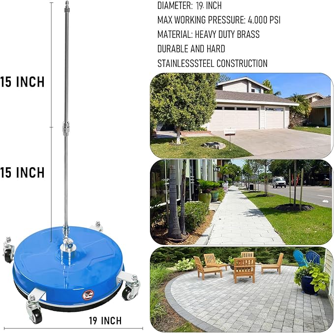 19" Pressure Washer Surface Cleaner with 4 Wheels, Coated Blue Stainless Steel Power Washer Surface Cleaner for Driveway Sidewalk Patio, 1/4" Quick Connector, 2 Extension Wand, 4000 PSI