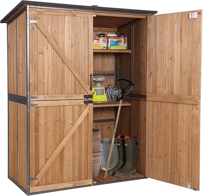 Storage Shed Outdoor Cabinet with Metal Frame Large Wooden Tool House Garden Shed with Floor,Door & Lock for Backyard Use