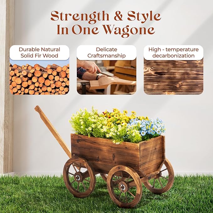 Wood Wagon Planter for Outdoor Balcony Decor - Garden Rustic Wooden Flower Cart with Wheels for Outside - Garden Decor - Amish Decorative Indoor - Wheelbarrow Planter for Patio