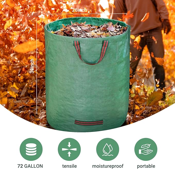72 Gallon Yard Waste Bags, Reusable Heavy Duty Collapsible Garden Leaf Bags with Plastic Ring, Garden Waste Container for Clean Up Outdoor Debris Leaves Grass Clippings (Green, 3 Pack)