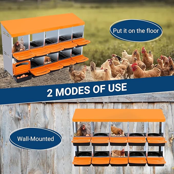Two-Tier Chicken Nesting Box, 10 Hole Metal Chicken Egg Laying Box with Swing Perch and Rollout Egg Collection Applicable to Coops and Duck Houses Orange.