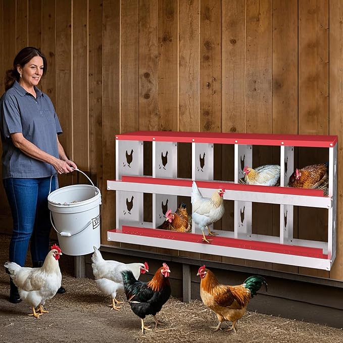 Chicken Nesting Boxes,10 Compartments Galvanized Steel Metal Laying Boxes,Pull-Out Egg Box Easy Egg Collection & Clean,Wall Mount Suitable for Farm Chicken House,Red