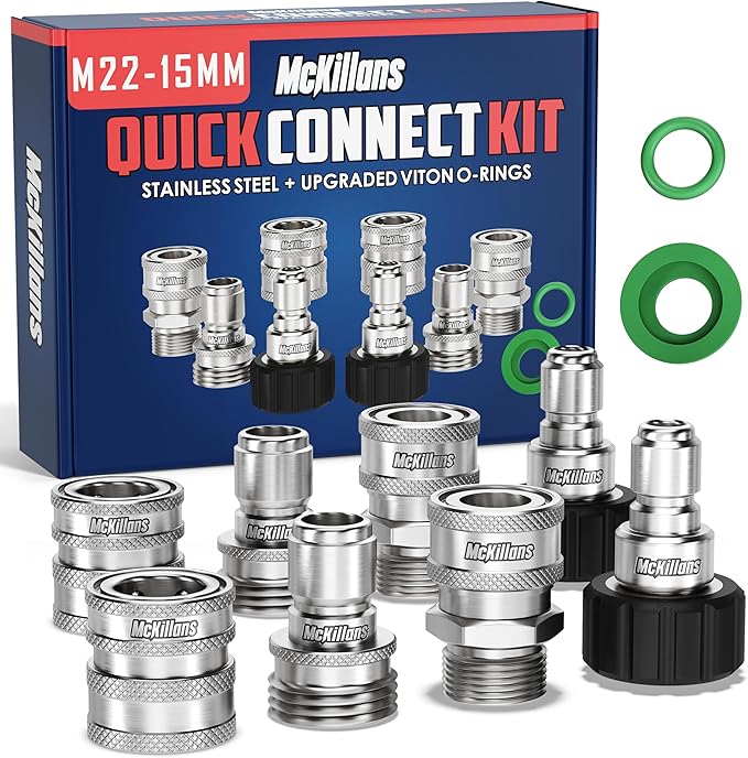 McKillans® M22-15mm Pressure Washer Quick Connect Kit, M22-15mm to 3/8" Male Female Quick Disconnect Kit for Power Washer (Stainless Steel)
