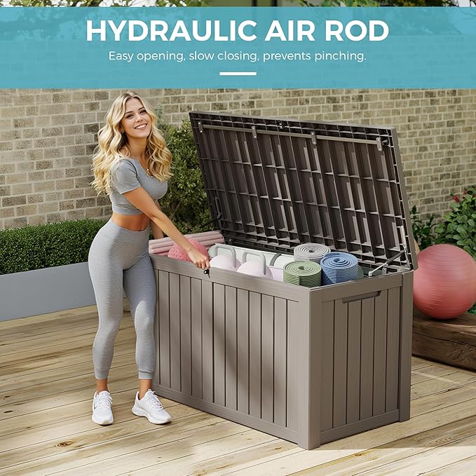 NUNU LAB 150 Gallon Outdoor Storage Box,Resin Large Sturdy Deck Box, Backyard Outside Storage Box Waterproof with Double Wall Panels,Package Delivery,Garden Outdoor Hose Bin