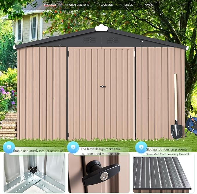 AECOJOY 10' x 14' Shed Metal, Outdoor Storage Sheds & Outdoor Storage 10' x 14' with Lockable Doors, Large Steel Yard Shed, Utility and Tool Storage for Garden, Backyard, Patio, Outside use in Grey