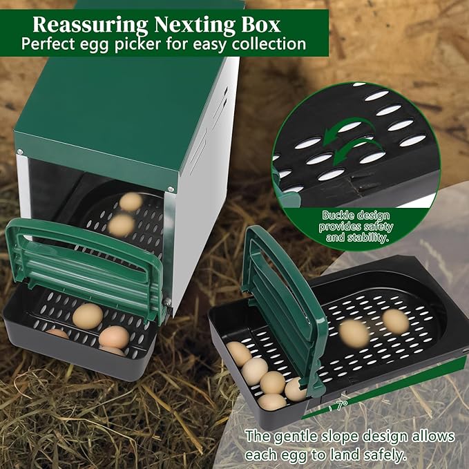 Single Compartment Chicken Nesting Box with Plastic Basket, Perch Cover for Hen, Egg Nest Box Chicken Laying Box Hens with Swing Perch and Roll Out Egg Collection for Chicken Coop