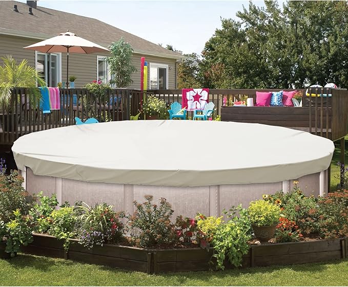 ECOOPTS 9 ft Waterproof Round Polyester Pool Cover for Above Ground Pools, Swimming Pool Cover Protector Winter Safety Cover (Beige)