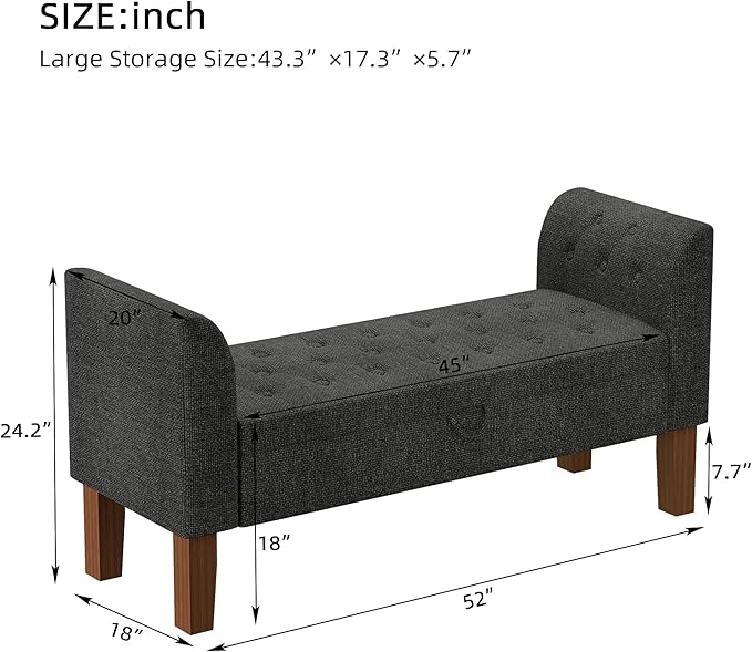 Awonde Storage Bench for Bedroom End of Bed Button Tufted Upholstered Bench Storage Ottoman Bench with Arms 52" Settee Bench Gray Linen