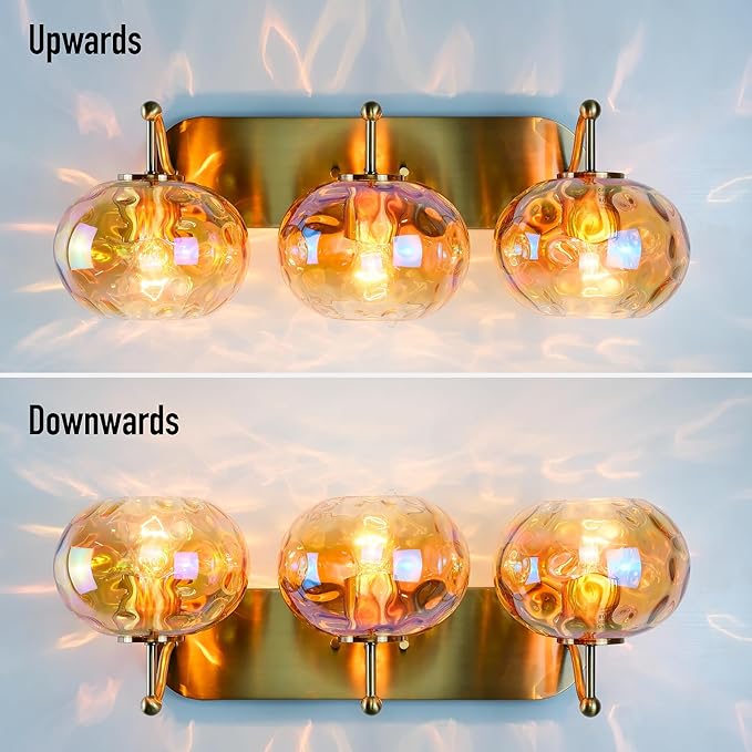 23" Brushed Gold Vanity Light Stained Amber Hammered Glass Wall Sconce 3-Light