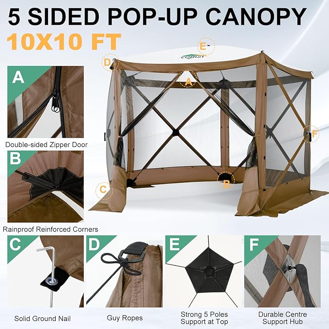 COBIZI 10x10ft Pop up Gazebo Screen House Tent for Camping, Pop-up Camping Canopy with Sidewalls,Portable Outdoor Quick-Set Hub Tent with Carrying Bag&Ground Stakes,Brown(Upgraded 2.0)
