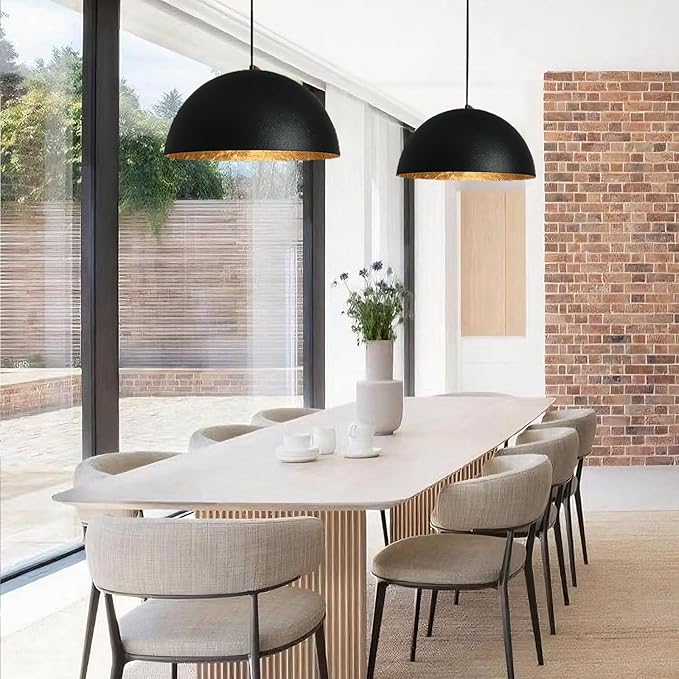 15 Inch Black and Gold Pendant Light, Bold Textured Matte Black Dome