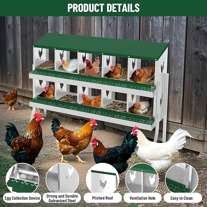 10-Compartment Metal Chicken Nesting Box - with Perch, Secure Lid & Metal Legs, Wall-Mount or Free-Standing Nesting Boxes for Hens