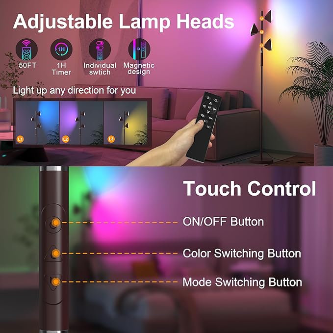 RGB Tree Floor Lamp for Living Room, Stepless Dimmable Tall Standing Lamp