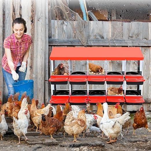Garvee Chicken Nesting Boxes, 10 Hole Metal Chicken Laying Box with Removable Trays and Roll Out Egg Collection for Chicken Coop, Red