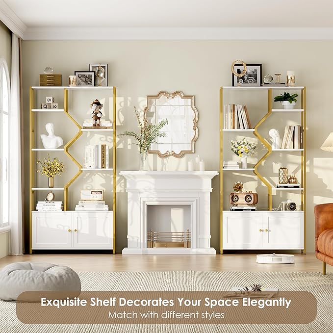 Keyluv 76" Tall Gold Bookshelf with Cabinet Storage, Multifunctional Open Display Bookcase with Door, Large Book Shelf Organizer for Living Room, Home, Office, Heavy Duty Metal & Wood, Modern White