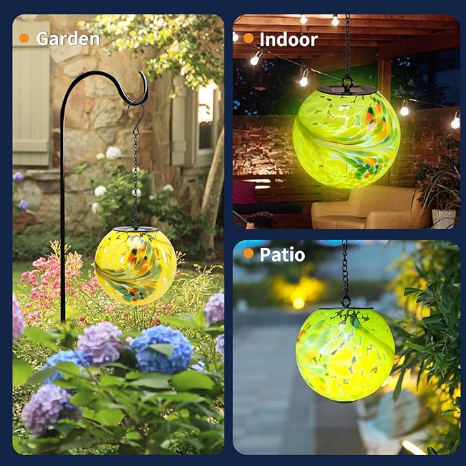 VCUTEKA Solar Hanging Lanterns Outdoor Decoration, Glass Solar Lights with Hook Up, Solar Garden Gazing Ball Light for Yard, Tree and Patio Decor, Yellow