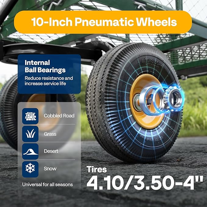 VIVOHOME Heavy Duty 880 Lbs Capacity Mesh Steel Garden Cart Folding Utility Wagon with Removable Sides and 4.10/3.50-4" Wheels 10 Inch Tire(Green)