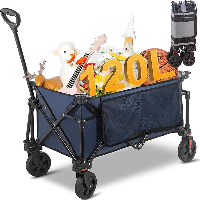 Collapsible Folding Wagon Cart, 220LBS Heavy Duty Foldable Utility Garden Cart with All Terrain Wheels & Side Storage Bag, Portable Sports Wagon for Camping, Shopping, Garden.(Blue)