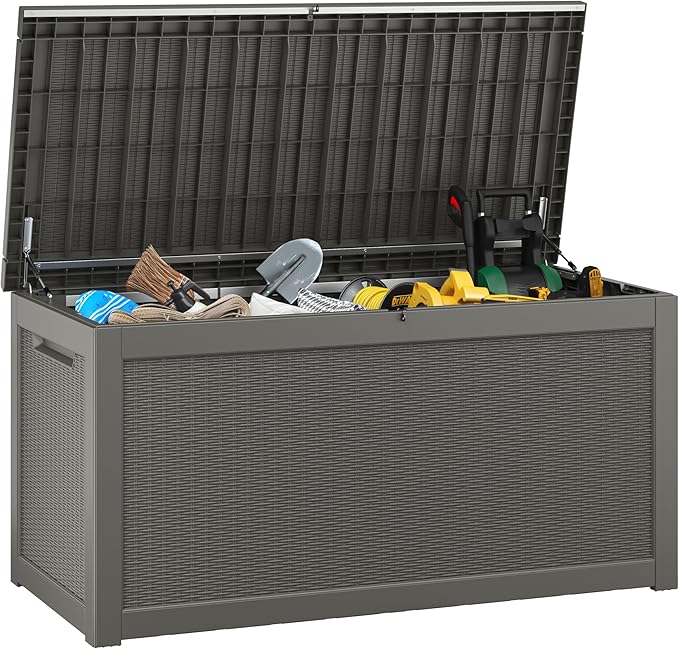 KAMABOKO 260 Gallon Outdoor Storage Box, Resin Deck Boxes Indoor and outdoor, Waterproof Storage Box Lockable Lid for Garden Tools, Package Delivery, Patio Cushions, Grey