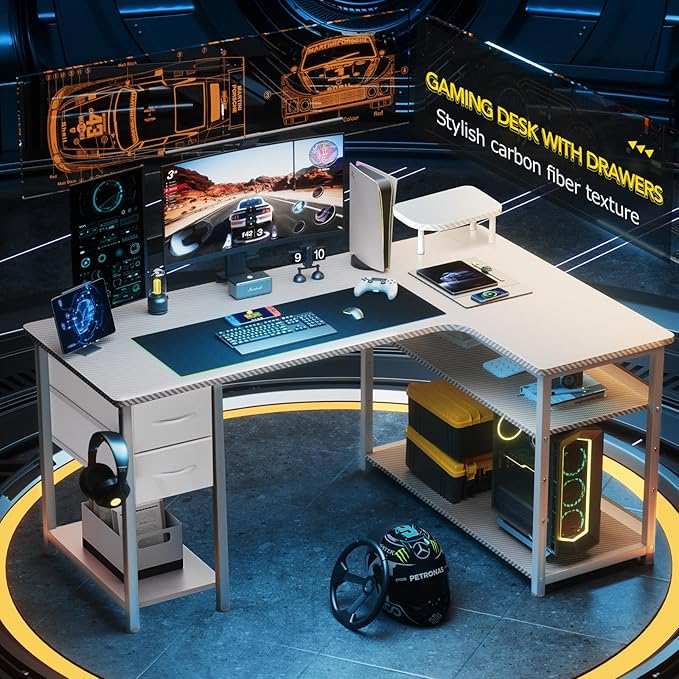 GTRACING Gaming Desk with Drawers, Carbon Fiber Style L Shaped Computer Desk Compatible with Monitor Arm Corner Desk Gaming Table for Home Office Desks, Easy to Assemble Adjustable Shelf Height