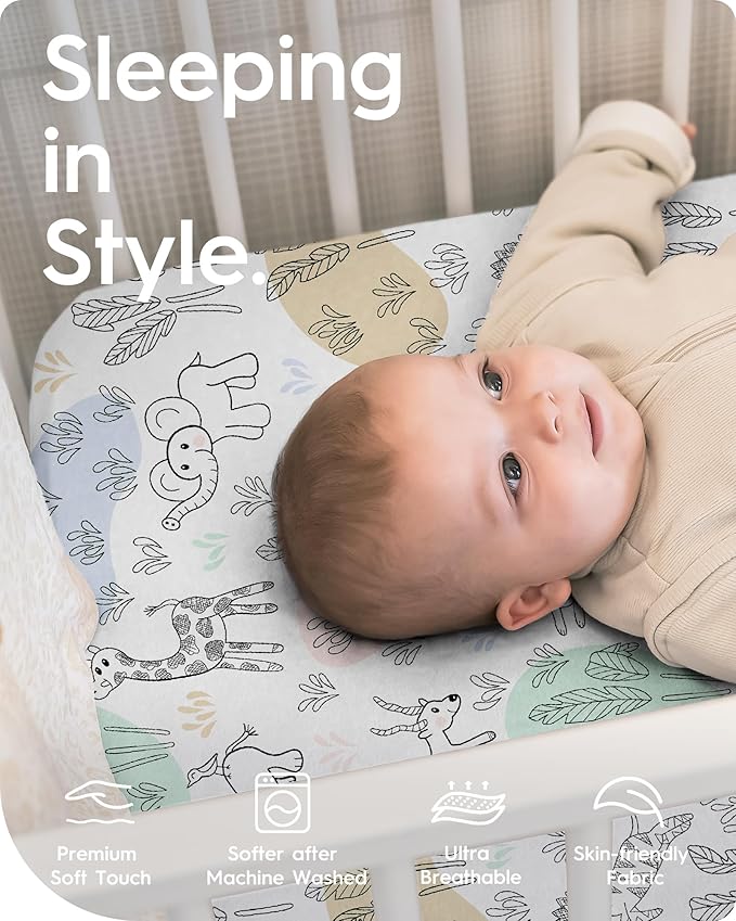 Mini Crib Sheets Boy Girl, Ultra Soft Pack N Play Sheets Fitted, Neutral Pack and Play Mattress Sheets, Premium Jersey Knit Portable Crib Sheets, Secure and Cute, Elephant & Cartoon Safari
