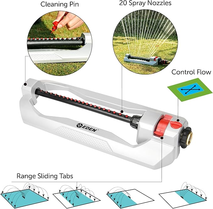 Eden 94111 Lawn&Garden Metal Oscillating Water Sprinkler for Yard W/Quick Connect Starter Set 4,400 Sq Ft Coverage, Heavy Duty