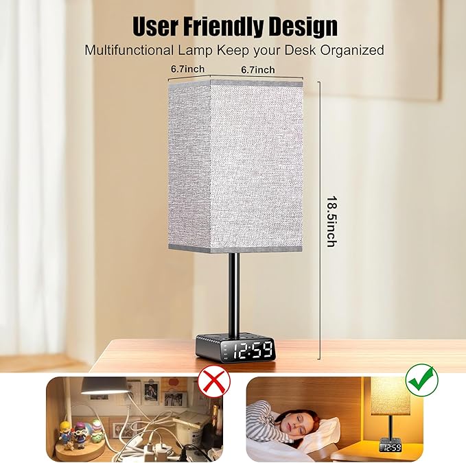 Yostyle Table Lamp with Alarm Clock Base, Bedside Lamp, 2 USB & 1 AC Power