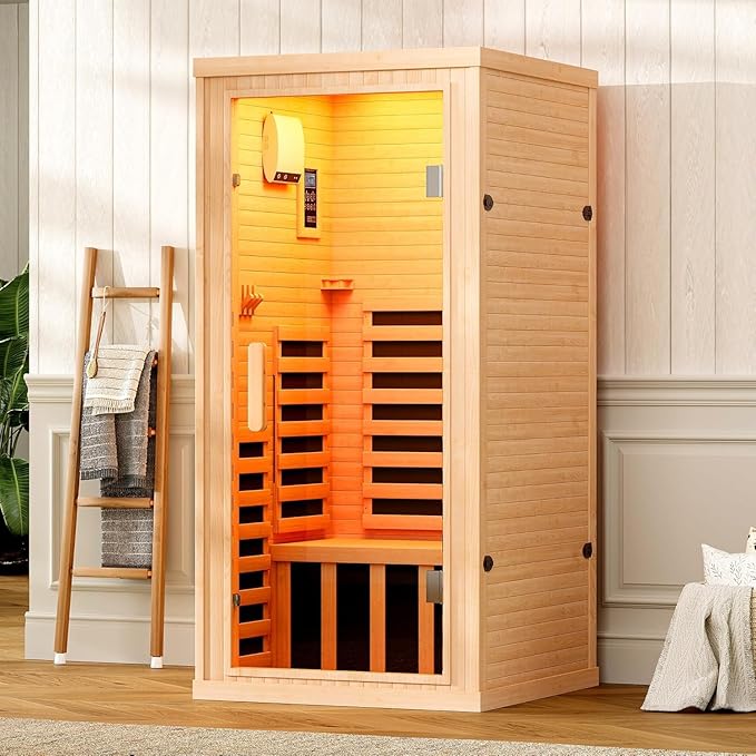 Albott Infrared Sauna 1 Person, Infrared Saunas for Home, 1260W/110V Hemlock Wood Dry Sauna with Foot Warmer, 7-Color Light Therapy, 2 Bluetooth Speakers & LCD Control Panel, 32.3"x32.3"x66.1"