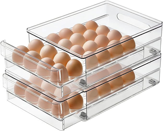 vacane Egg Holder for Refrigerator, 48 Capacity Clear Egg Storage Drawer with Non-Slip Pads, Stackable BPA-Free Egg Organizer Tray for Fridge