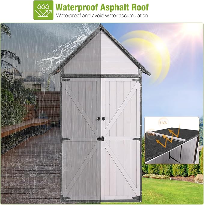 GUTINNEEN Outdoor Storage Shed with All Around Strong Metal Frame, Garden Tool Sheds Cabinet with Floor & Adjustable Shelves, Wooden Tool House for Backyard Garden Patio Lawn (White)