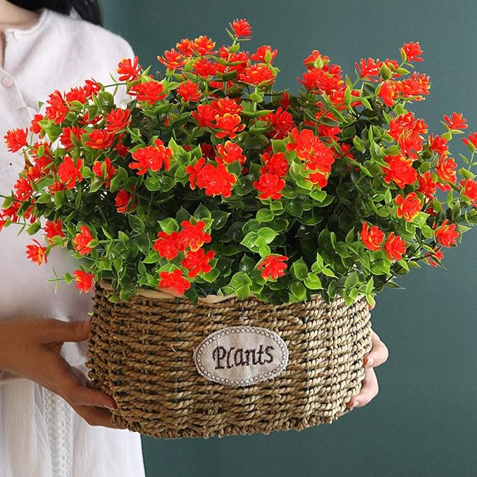 RECUTMS Artificial Flowers Outdoor Fake Flowers，8 Bundles Outside Face Mums Fake Summer Greenery UV Resistant No Fade Faux Plastic Lotus Shrubs Home Garden Porch Patio Decoration Office (Orange Red)