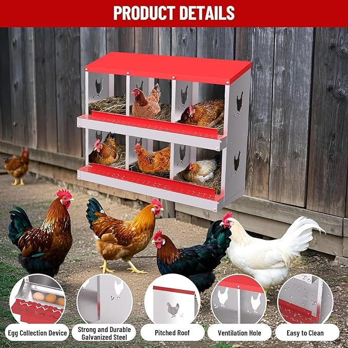 Metal Chicken Nesting Box, 6 Compartments, Rollout Egg Collection, Large Vented Holes, Perch Included, Wall Mount or Free Standing Laying Box for Hens and Chickens - Red
