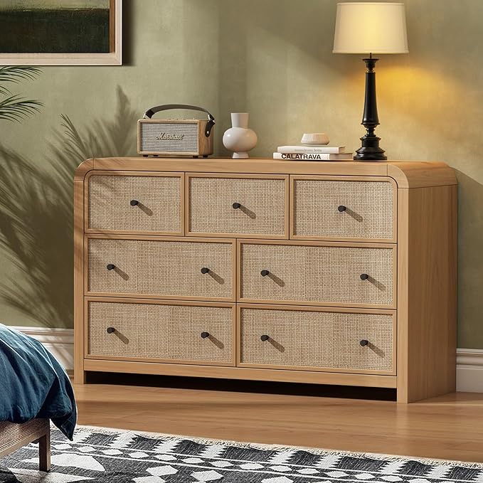 Oak&Sparrow 7 Drawer Dresser for Bedroom, 49'' Rattan Dresser with Ample Storage, Boho Chest of Drawers, Thickened Curved Profile Design, Oak Dressers for Bedroom, Living Room