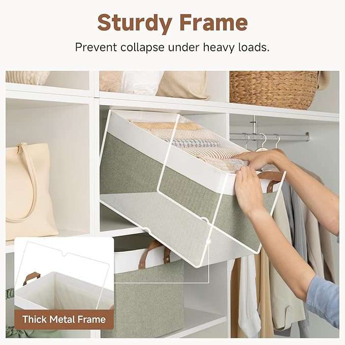 StorageWorks Storage Bins, Fabric Storage Bins for Shelves, Extra Large Storage Baskets with Metal Frame, Closet Baskets and Bins with Handles, Jumbo, Green and White, 2-Pack