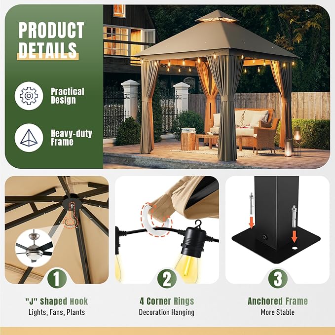 AOXUN Outdoor Gazebo for Patio 10x10, Metal Frame Canopy with Double Roofs, Heavy Duty Party Tent and Shelter with Mosquito Netting and Privacy Screen for Backyard, Lawn, Garden, Deck (Beige)