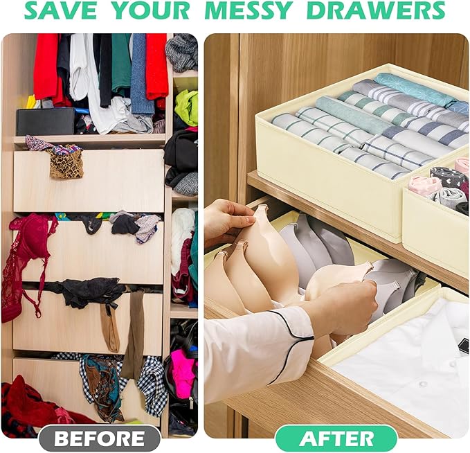 Drawer Clothing Organizer 16-Pack, Beige 3-Size Underwear Drawer Dividers, Fabric Folding Wardrobe Organizer for Baby Clothes, Bras, Underwear, Panties, Belts, Socks, Ties, etc.