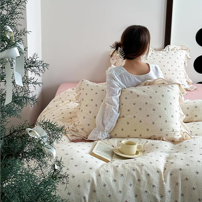 BuLuTu Muslin Cotton Duvet Cover Full Elegant Ruffles Duvet Covers Soft Breathable Comforter Cover Kids Adults Bedding Floral Quilted Cover, 79"x90", No Pillow/Pillow Cases