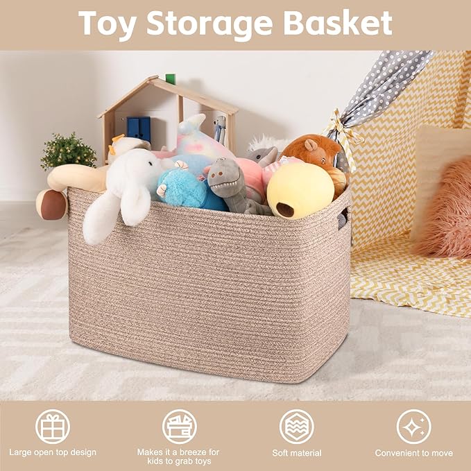 OIAHOMY 118L XXXLarge Cotton Rope Storage Basket, Oversized Blanket Basket, Used for Organizing Dirty Clothes in Living Room, Bedroom, Nursery, Dog Toy Storage Bins, 25" x 17" x 16",Brown variegated