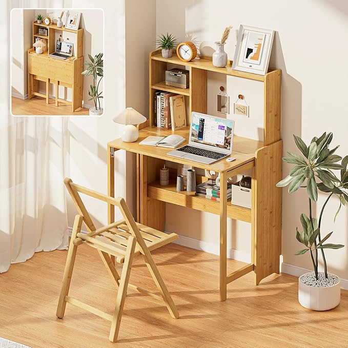 31.1" Bamboo Folding Desk with Bookshelf, Compact Computer Desk for Small Spaces, Foldable Study Desk with Storage Shelf, Space-Saving Home Office Desk for Bedroom, Dorm, Apartment,Natural