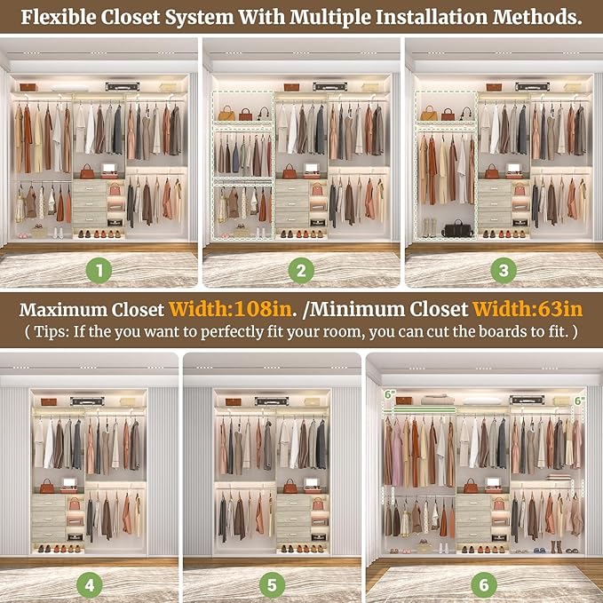 Aheaplus Closet System - 8FT Organizer with 3 Wooden Drawers, Fits 5.3-9 ft Walk-in Closet, White Oak