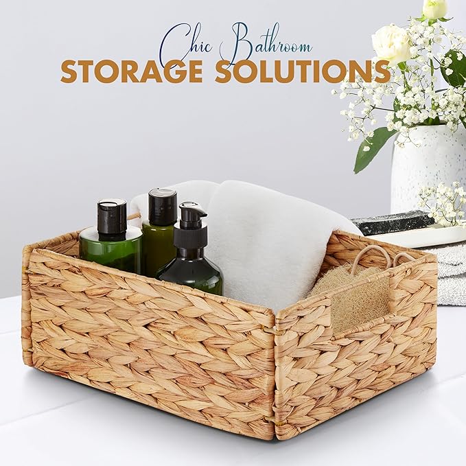 BLUEWEST Water Hyacinth Storage Baskets (Set of 6) – Woven Hyacinth Organizer with Carrying Handles, Laundry Basket for Organizing, Rattan Bin for Shelves
