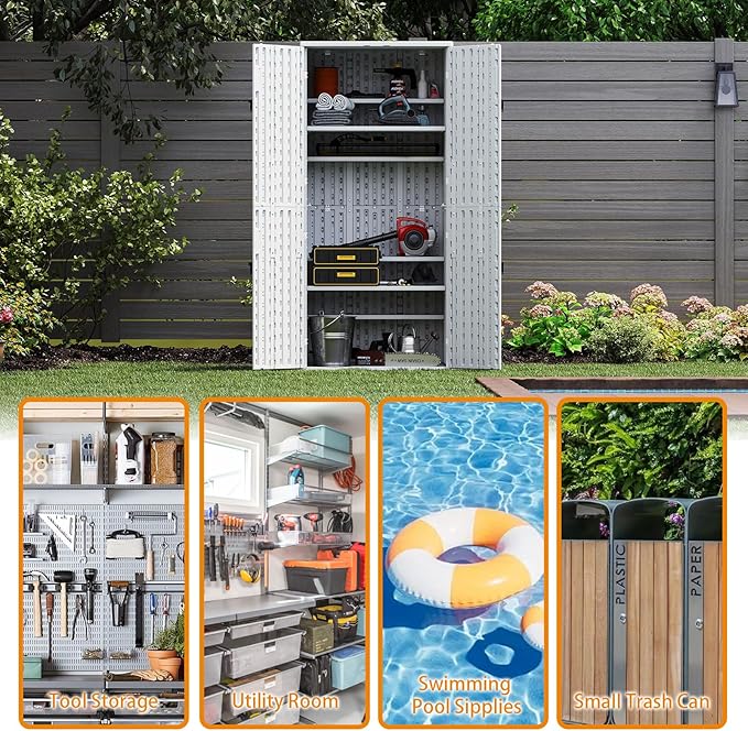 Outdoor Storage Cabinet with 4 Shelves,31.5" x 23.23" x 66.22" White Waterproof Shed,Waterproof Resin Vertical Tool Shed, Lockable 30 cu.ft. Storage Shed for Patio, Garden, Yard, White