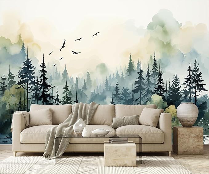 Green Watercolor Forest Wallpaper Woodland Nature Landscape Wall Mural for Living Room Bedroom Dining Room Office(Not Self-Adhesive)