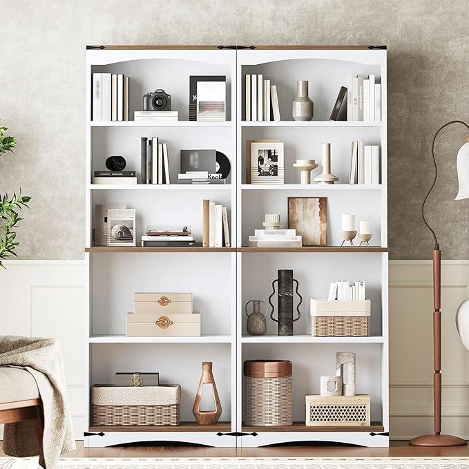 Tall Bookcase and Bookshelf, 6-Tier Bookcase with Storage, 63" Wooden Bookshelf, Farmhouse Freestanding Display Storage Shelves for Home Office, Living Room, White and Natural SJ09WH