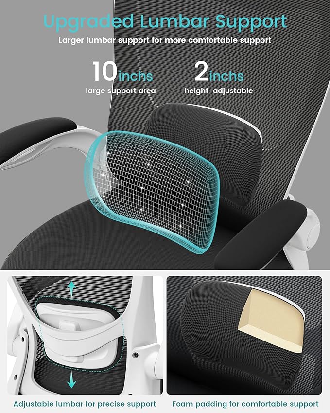 Office Chair, Ergonomic Desk Chair with Adjustable Lumbar Support and Flip up Armrest, Breathable Mesh Computer Chair for Home Office, White