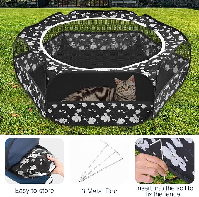 Pawaboo Small Animals Playpen, Waterproof Small Pet Cage Tent with Zippered Cover, Portable Outdoor Yard Fence with 3 Metal Rod for Chick/Kitten/Puppy/Guinea Pig/Rabbits/Hamster/Chinchillas, Magnolia